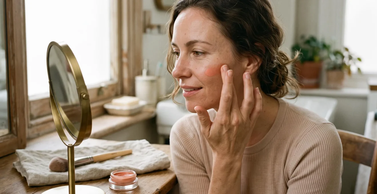 Une femme applique un blush crème du bout du doigt sur le haut de sa pommette devant un miroir de table, dans une lumière naturelle.