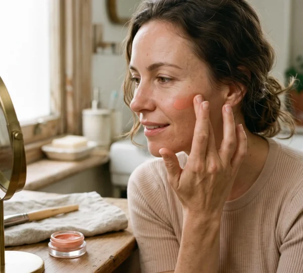 Une femme applique un blush crème du bout du doigt sur le haut de sa pommette devant un miroir de table, dans une lumière naturelle.