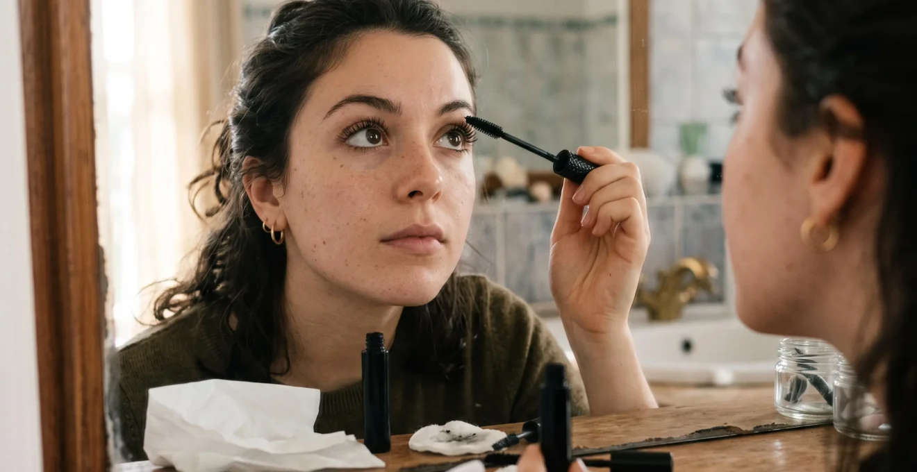 Une femme applique du mascara sur ses cils supérieurs devant un miroir de salle de bain, avec une brosse tenue en diagonale.