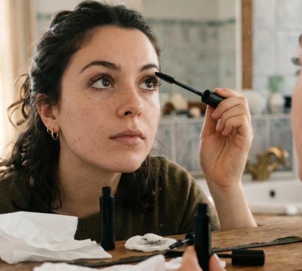 Une femme applique du mascara sur ses cils supérieurs devant un miroir de salle de bain, avec une brosse tenue en diagonale.