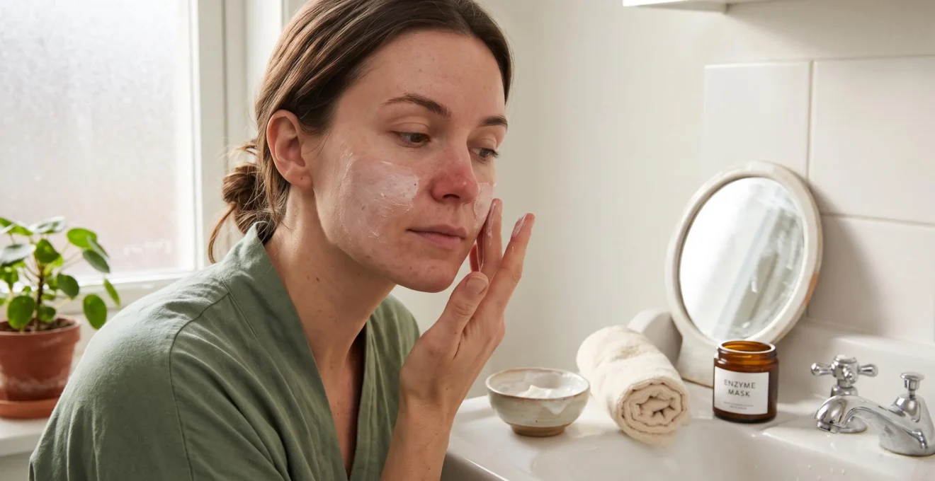 Une femme à la peau sensible applique du bout des doigts un masque enzymatique sur sa joue devant un miroir dans une salle de bains lumineuse.