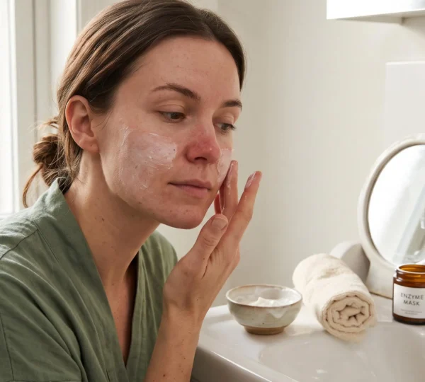 Une femme à la peau sensible applique du bout des doigts un masque enzymatique sur sa joue devant un miroir dans une salle de bains lumineuse.