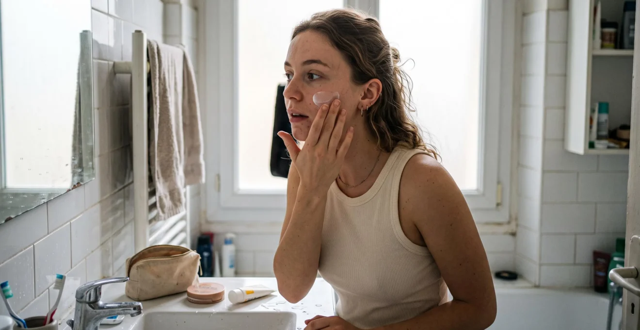Une femme applique une fluide solaire invisible sur sa joue avec les doigts dans une salle de bain urbaine, avant de se maquiller.