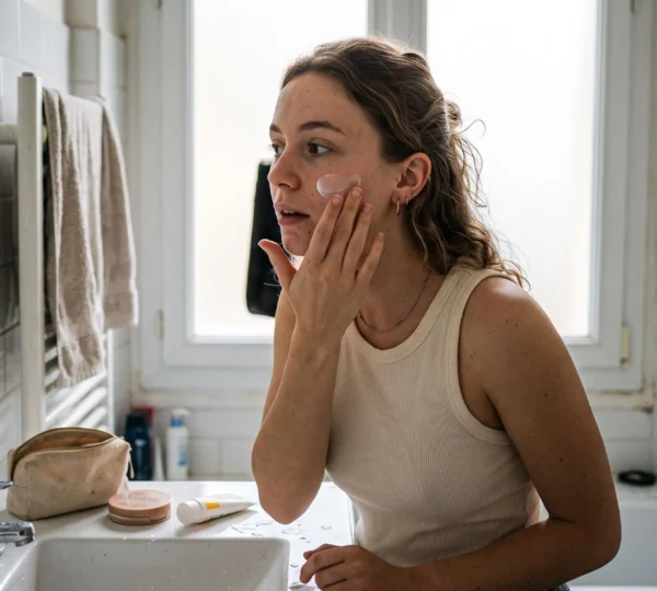 Une femme applique une fluide solaire invisible sur sa joue avec les doigts dans une salle de bain urbaine, avant de se maquiller.