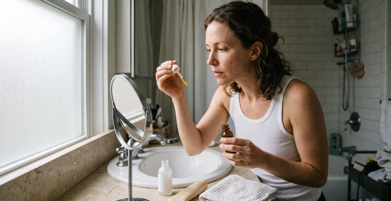 Une femme applique un sérum au compte-gouttes sur ses doigts devant un miroir de salle de bain, à côté d'un tube de protection solaire.