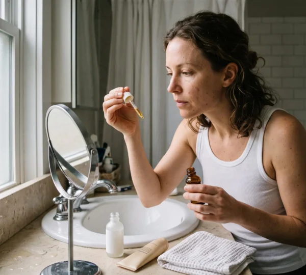 Une femme applique un sérum au compte-gouttes sur ses doigts devant un miroir de salle de bain, à côté d'un tube de protection solaire.