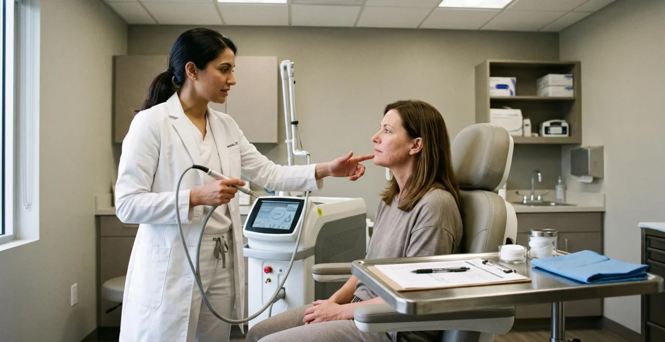 Une dermatologue explique une séance de laser à une patiente assise dans un cabinet, la pièce à main posée à proximité.