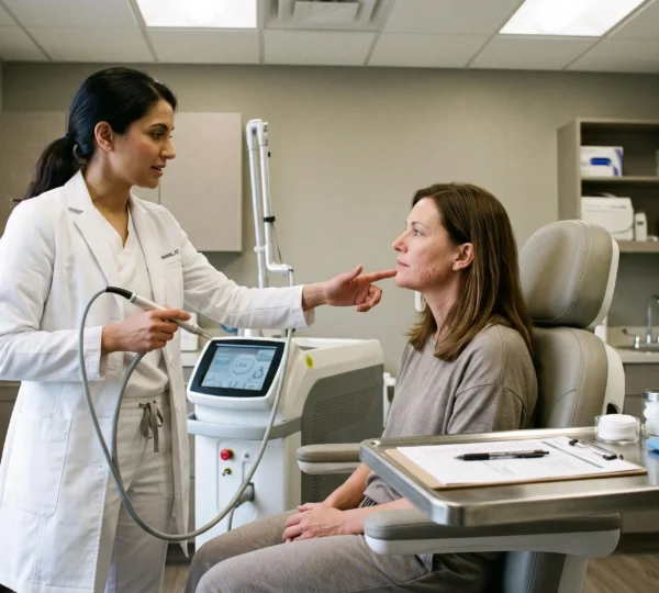Une dermatologue explique une séance de laser à une patiente assise dans un cabinet, la pièce à main posée à proximité.