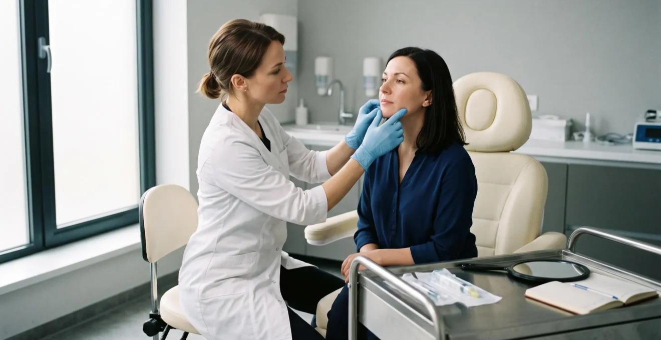 Un médecin examine le visage d'une patiente lors d'une consultation de médecine esthétique dans un cabinet.