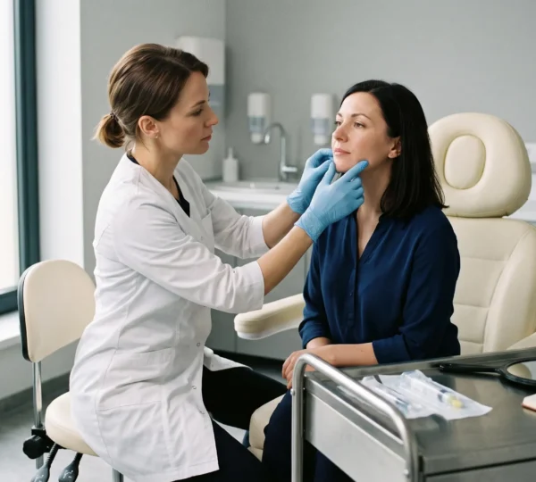 Un médecin examine le visage d'une patiente lors d'une consultation de médecine esthétique dans un cabinet.