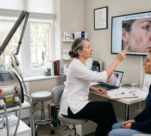 Un praticien explique sur un écran l'analyse de la peau d'une patiente lors d'une consultation en médecine esthétique, un appareil de traitement à côté d'eux