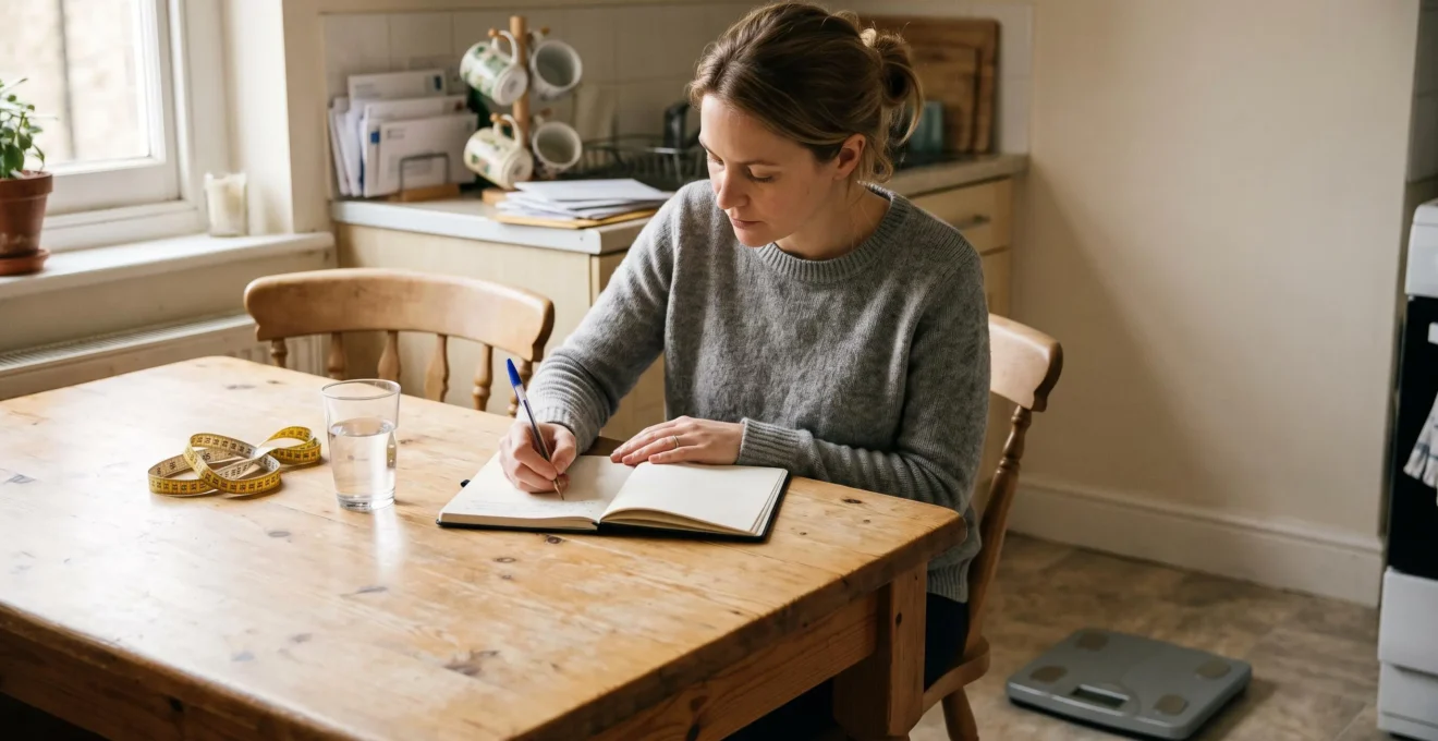 Une personne assise à une table de cuisine note ses observations dans un carnet à côté d'un pèse-personne et d'un mètre ruban.