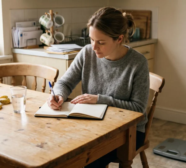 Une personne assise à une table de cuisine note ses observations dans un carnet à côté d'un pèse-personne et d'un mètre ruban.