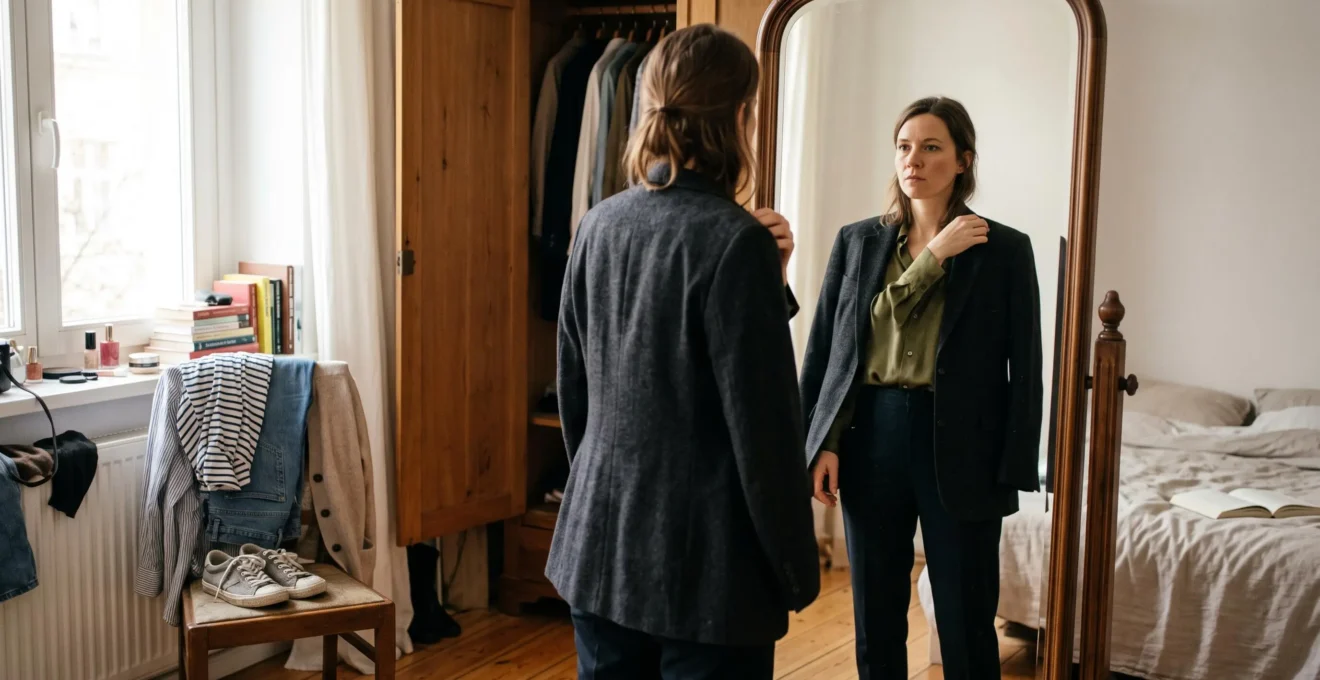 Une femme ajuste la manche de son veste devant un miroir dans une chambre lumineuse, entourée de vêtements posés sur une chaise.