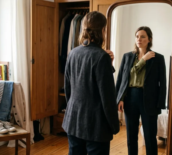 Une femme ajuste la manche de son veste devant un miroir dans une chambre lumineuse, entourée de vêtements posés sur une chaise.