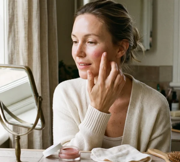 Une femme au teint naturel lumineux applique un baume teinté du bout des doigts sur sa joue près d'une fenêtre baignée de lumière du jour.