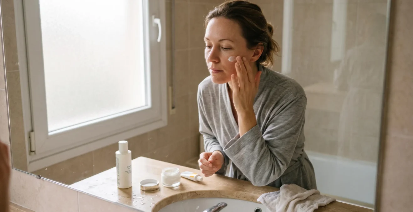 Une femme applique une crème hydratante du bout des doigts sur sa joue devant un lavabo de salle de bains, avec quelques soins posés autour.