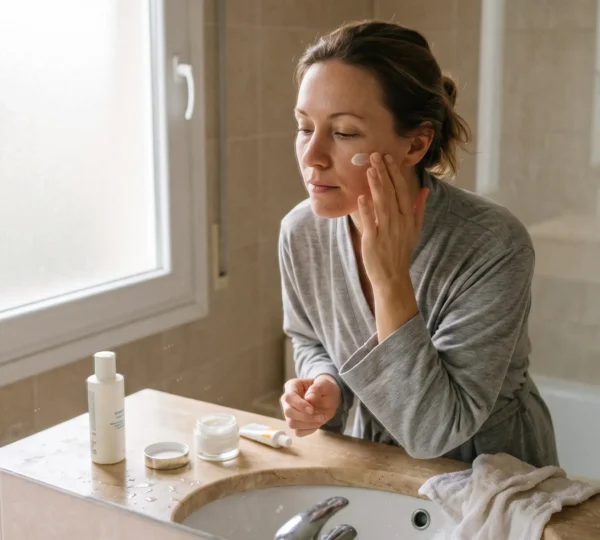 Une femme applique une crème hydratante du bout des doigts sur sa joue devant un lavabo de salle de bains, avec quelques soins posés autour.
