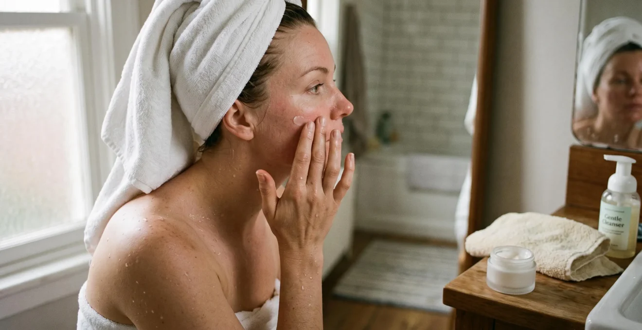 Une femme applique une crème hydratante du bout des doigts sur sa joue encore humide, dans une salle de bains éclairée par la lumière naturelle.