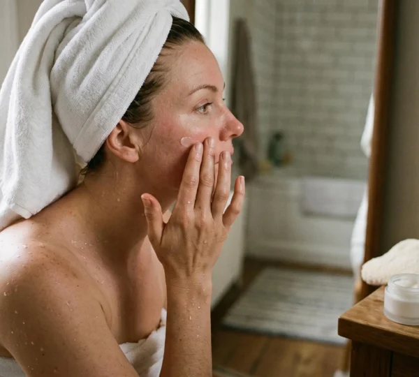 Une femme applique une crème hydratante du bout des doigts sur sa joue encore humide, dans une salle de bains éclairée par la lumière naturelle.