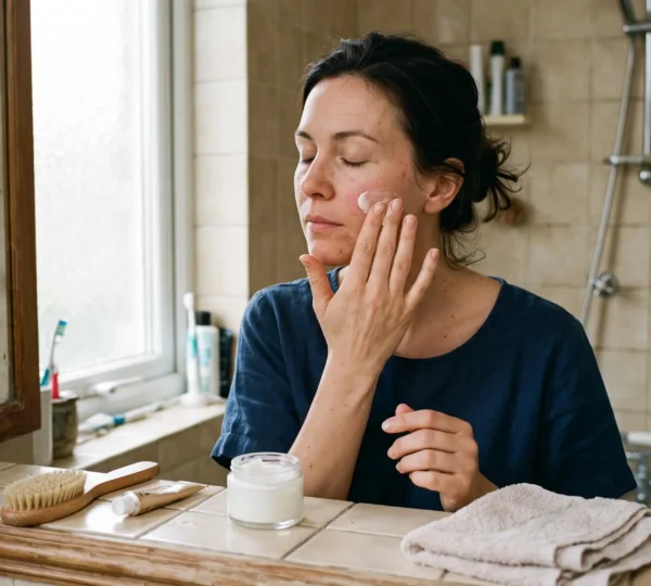 Une femme applique une crème réparatrice sur sa joue devant un lavabo de salle de bains éclairé par la lumière du matin.