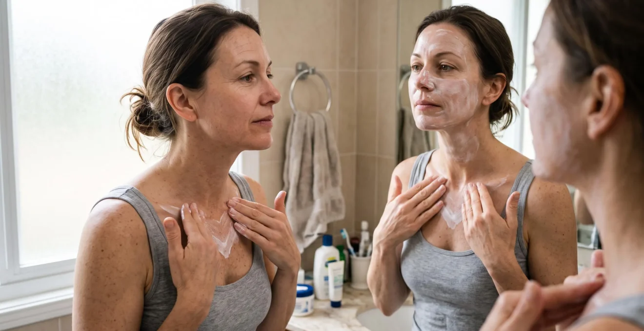Une femme applique de la crème solaire sur son visage et son décolleté devant un miroir de salle de bain, en lumière naturelle du matin.