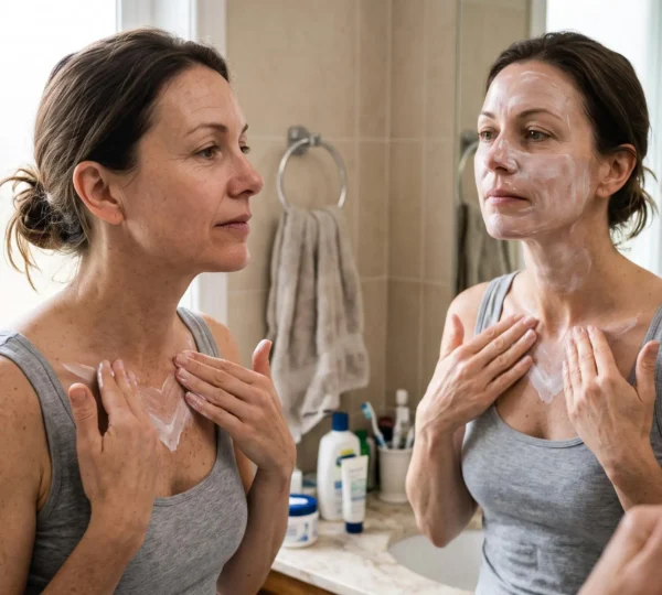 Une femme applique de la crème solaire sur son visage et son décolleté devant un miroir de salle de bain, en lumière naturelle du matin.