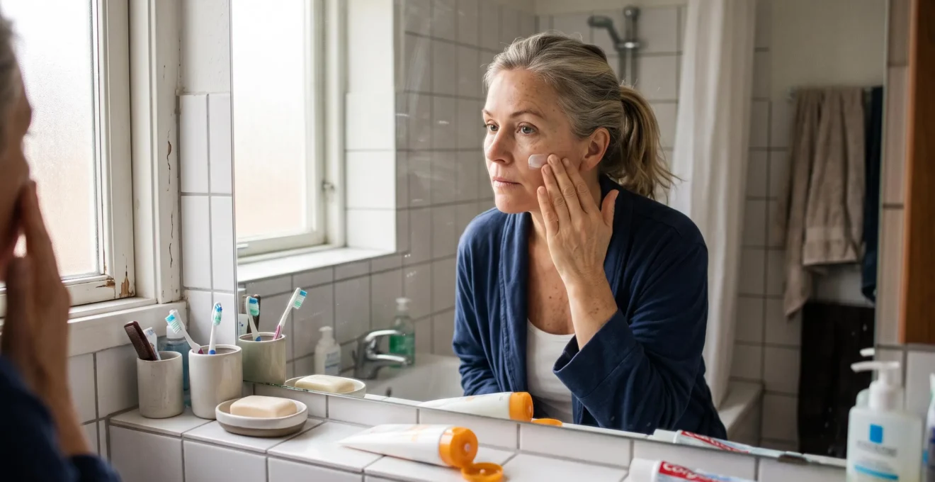 Une femme applique une crème solaire sur son visage devant le miroir d'une salle de bains éclairée par la lumière du matin.
