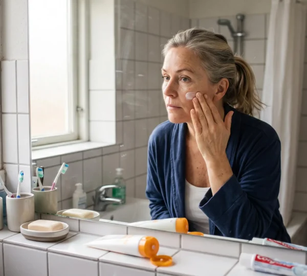 Une femme applique une crème solaire sur son visage devant le miroir d'une salle de bains éclairée par la lumière du matin.