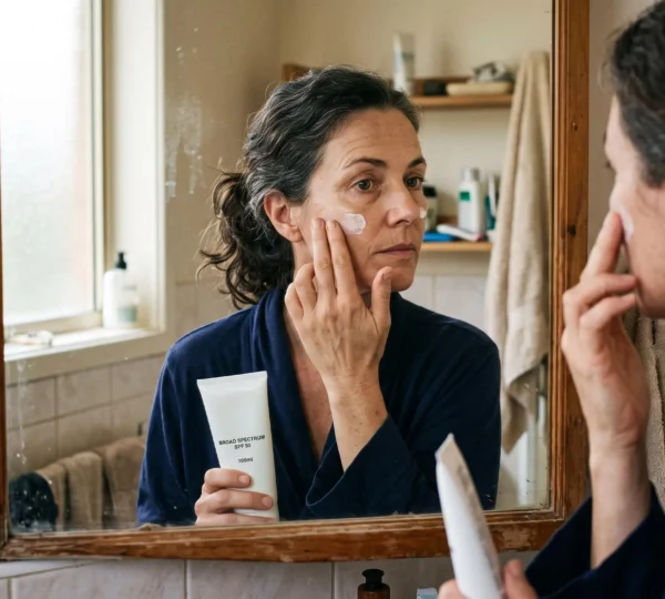 Une femme applique une crème solaire sur sa joue devant le miroir de sa salle de bain.