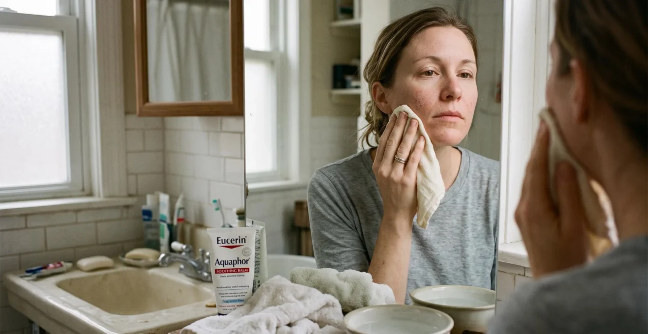 Une femme applique une compresse tiède sur sa joue présentant des squames, devant le miroir d'une salle de bains lumineuse.