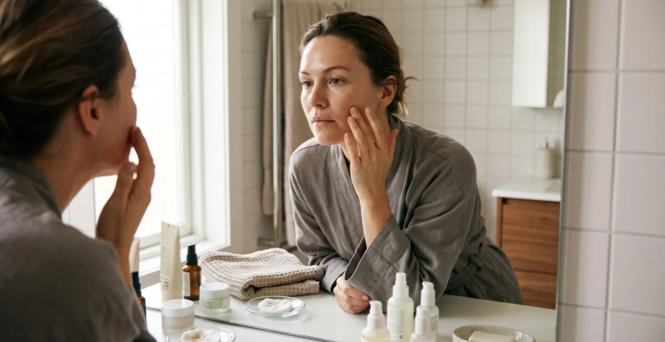 Une femme examine la texture de sa peau de près dans le miroir d'une salle de bains éclairée par la lumière naturelle du matin.