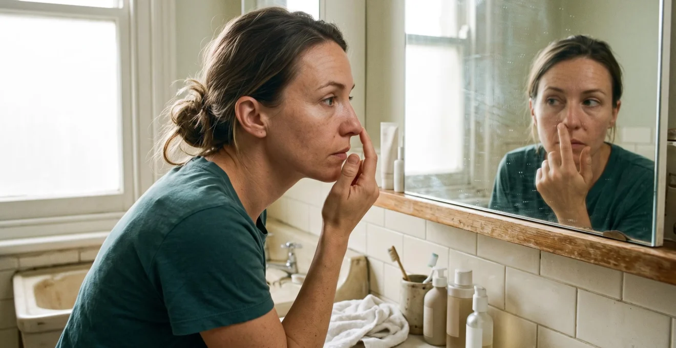 Une femme examine la texture de sa peau dans un miroir de salle de bain en lumière naturelle, le doigt posé sur la joue.