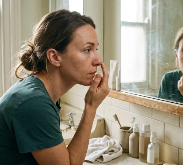 Une femme examine la texture de sa peau dans un miroir de salle de bain en lumière naturelle, le doigt posé sur la joue.