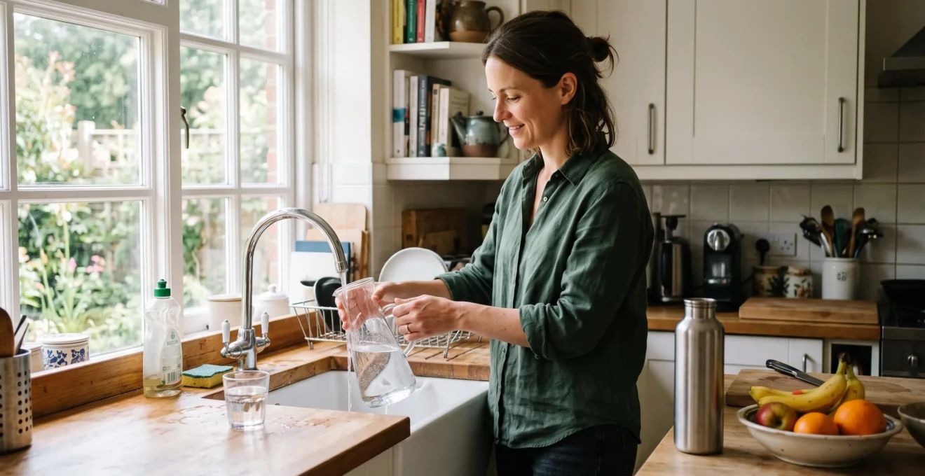 Une femme remplit une carafe d'eau au robinet dans une cuisine lumineuse, avec un verre et une gourde posés sur le plan de travail.