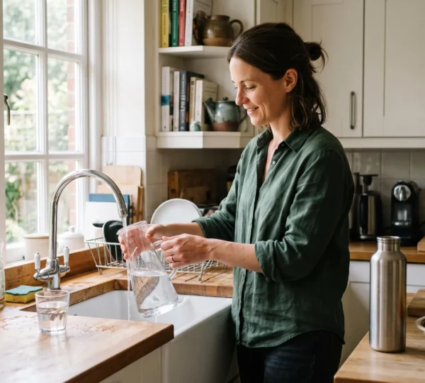 Une femme remplit une carafe d'eau au robinet dans une cuisine lumineuse, avec un verre et une gourde posés sur le plan de travail.