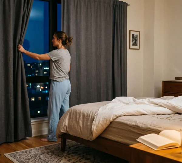 Une femme en pyjama tire un rideau occultant dans une chambre urbaine éclairée par une lampe de chevet chaude, le soir, avant de se coucher.