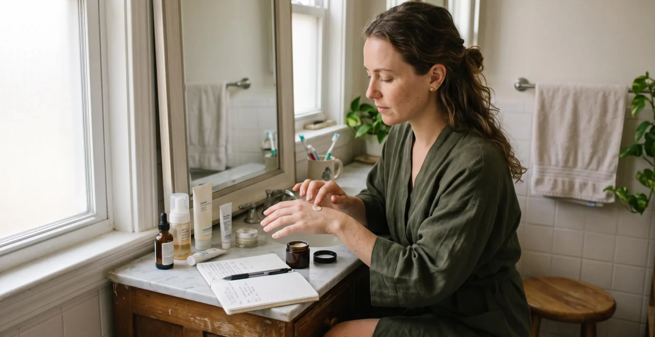 Une femme applique une noisette de crème sur le dos de sa main devant un miroir de salle de bain, avec un carnet de suivi ouvert à côté d'elle.