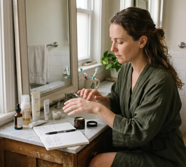 Une femme applique une noisette de crème sur le dos de sa main devant un miroir de salle de bain, avec un carnet de suivi ouvert à côté d'elle.
