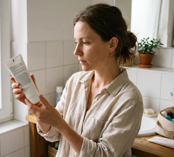 Une femme examine le dos d'un tube de crème solaire près d'une fenêtre lumineuse dans une salle de bain.