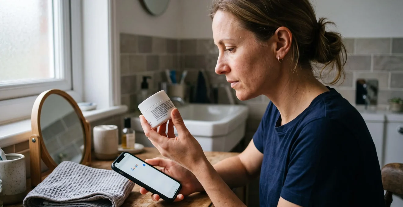 Une femme lit la liste des ingrédients imprimée sur le flacon d'une crème cosmétique, son smartphone posé à côté d'elle sur le comptoir de la salle de bain.