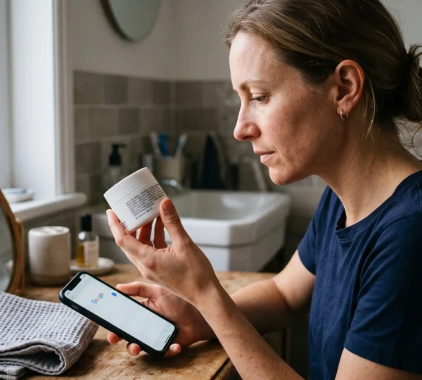 Une femme lit la liste des ingrédients imprimée sur le flacon d'une crème cosmétique, son smartphone posé à côté d'elle sur le comptoir de la salle de bain.