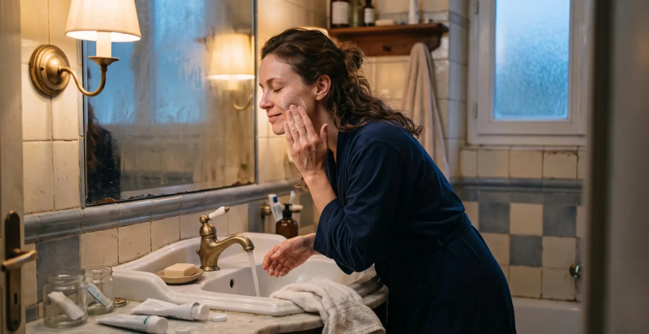 Une femme se nettoie doucement le visage au-dessus d'un lavabo de salle de bain en soirée.