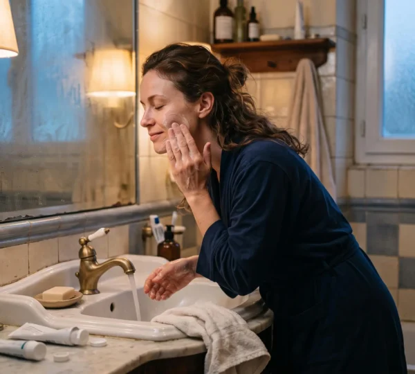 Une femme se nettoie doucement le visage au-dessus d'un lavabo de salle de bain en soirée.