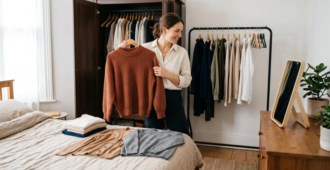 Une femme compare un pull terracotta et un cardigan camel devant son armoire, des vêtements neutres posés sur le lit à côté.