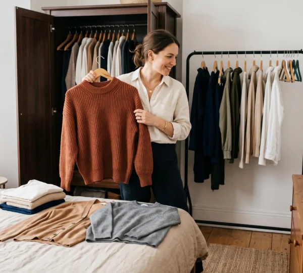 Une femme compare un pull terracotta et un cardigan camel devant son armoire, des vêtements neutres posés sur le lit à côté.