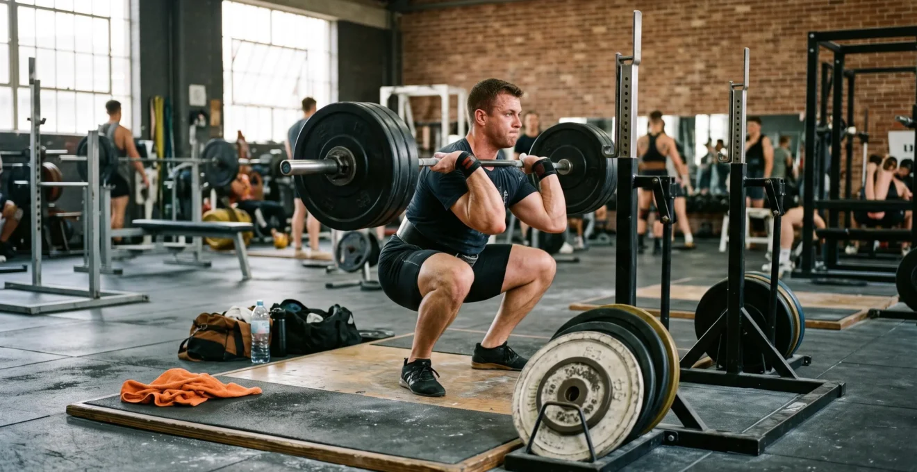 Un sportif réalise un squat avec une barre chargée dans une salle de musculation, les mains bien placées sur la barre et le regard fixé devant lui.