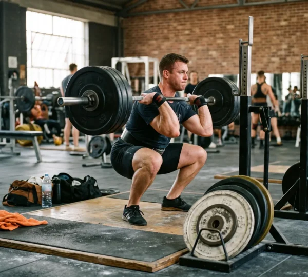 Un sportif réalise un squat avec une barre chargée dans une salle de musculation, les mains bien placées sur la barre et le regard fixé devant lui.