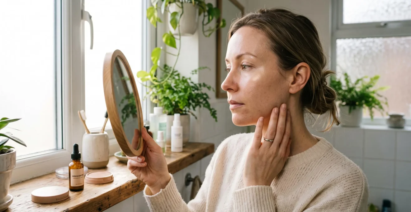 Une femme teste un highlighter liquide sur sa pommette près d'une fenêtre lumineuse pour vérifier son rendu en lumière naturelle.