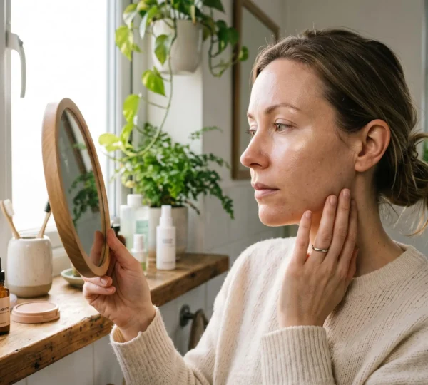 Une femme teste un highlighter liquide sur sa pommette près d'une fenêtre lumineuse pour vérifier son rendu en lumière naturelle.